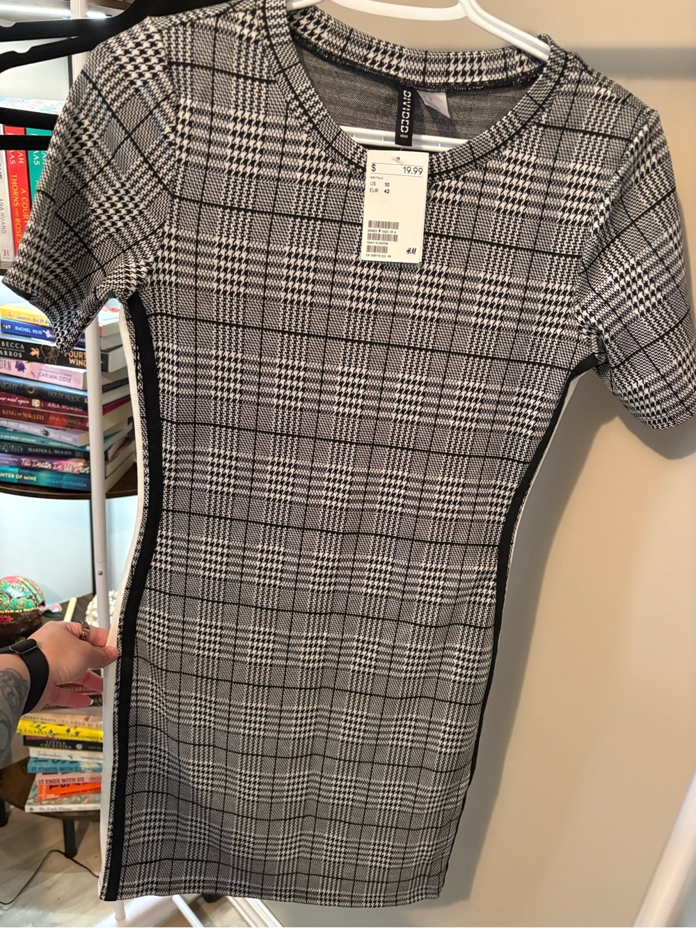 H&M Black and White Plaid Midi Bodycon Dress